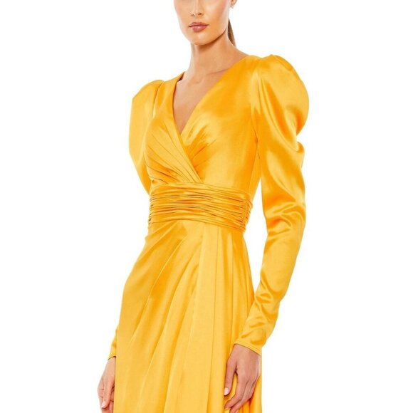 Mac Duggal Size 14 Yellow Mango 12404 Long Sleeve Satin Formal Gown Dress Prom - Picture 3 of 9